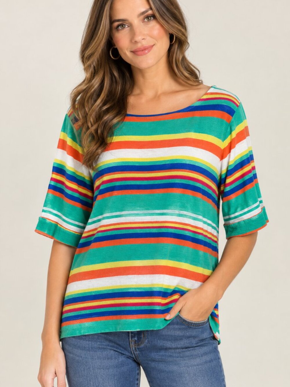 Westbound Teal Green Multicolor Striped Short Sleeve Top Size L - 100% Cotton